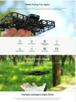 A close-up of the black Dropshipman Hover Air X1 Pro mini drone with protective guards highlights features like triple stabilization, palm takeoff, AI-powered tracking, positioning, and quickshots. A hand below shows the palm takeoff function.