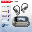 The promotional image highlights the HeadphoneHeat AI Earphone Translator Erazer XP6 Bluetooth Earphones and a wearable device. Key features include an AI chat, translator functions for face-to-face and real-time translation, as well as a 