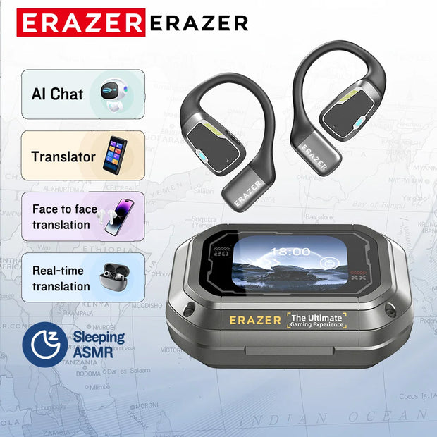 The promotional image highlights the HeadphoneHeat AI Earphone Translator Erazer XP6 Bluetooth Earphones and a wearable device. Key features include an AI chat, translator functions for face-to-face and real-time translation, as well as a "Sleeping ASMR" feature. These wireless headphones offer touch control and a waterproof design, set against the backdrop of a world map.