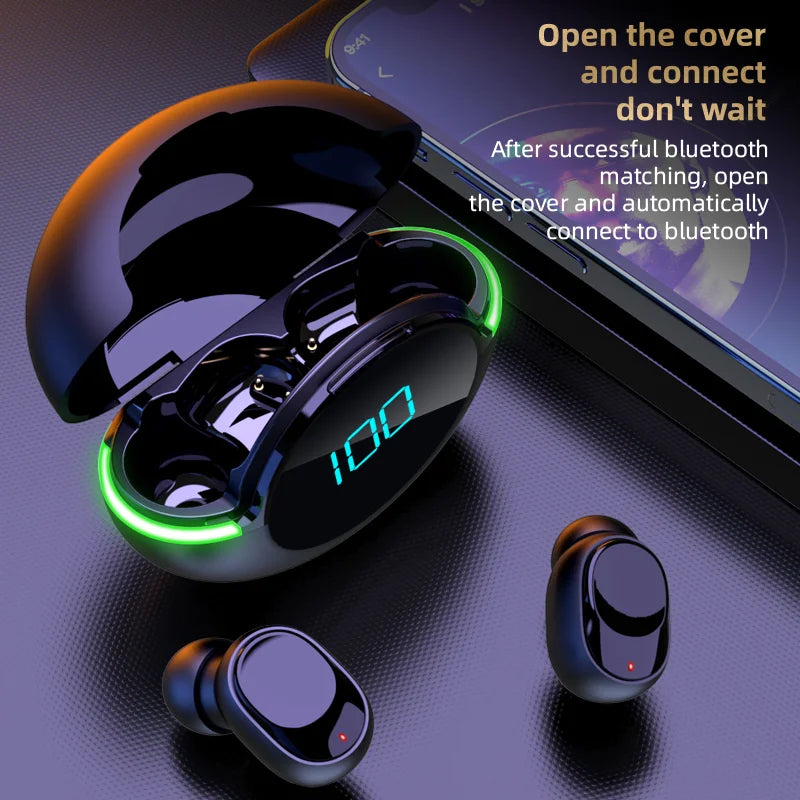 The Y80 Wireless Bluetooth Earbuds by HeadphoneHeat are showcased alongside their charging case, which features an LED display showing a full 100% charge. One earbud is nestled in the case, while the other rests beside a smartphone. The text reads, 