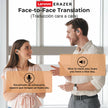 A man and woman use the HeadphoneHeat AI Earphone Translator Erazer XP6 Bluetooth Earphones for face-to-face translation. The woman speaks in Spanish, and the man listens in English. Speech bubbles display translations, showcasing real-time language translation technology with seamless Bluetooth connectivity.