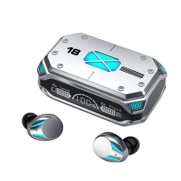 The HeadphoneHeat HKEN Bluetooth Earbuds -TWS feature Bluetooth 5.2, black and silver accents, and come with a metallic, rectangular charging case with blue LED lights, a digital display, and geometric design.