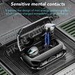 A pair of Bluetooth Earbuds TWS by HeadphoneHeat in a black charging case with a digital display showing battery percentage. Blue light effects suggest charging in progress. Text overlay reads: 