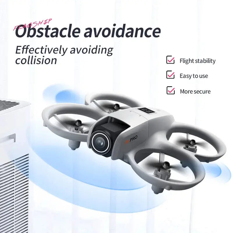 A white DSer I1 PRO Drone 4K Professional HD flies indoors near an air conditioner, featuring obstacle avoidance, flight stability, 4K HD video recording, and WiFi connectivity. 