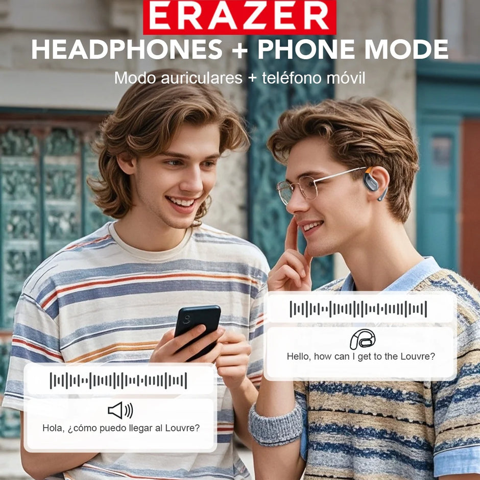 Two young men strolling outdoors, one sporting HeadphoneHeat ERAZER XF31 Bluetooth Translation Earbuds and holding a smartphone. Text on the image reads "AI TRANSLATOR EARPHONE + PHONE MODE" in both English and Spanish. Overlaid messages provide directions to the Louvre with translations in Spanish and English.
