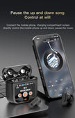 A pair of LED Touch Screen Newmsnr Bluetooth 5.4 Earbuds from HeadphoneHeat rest in their sleek charging case, featuring a digital display. Nearby, a smartphone shows a music player interface. Above it all, text reads, 