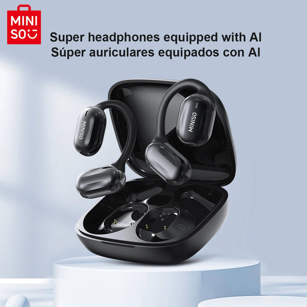 A sleek black pair of wireless MINISO MS162 Bluetooth Translation Earbuds, equipped with over-ear hooks, is displayed in an open charging case. Above them, the text reads "AI-enabled Super Headphones" in both English and Spanish, with the HeadphoneHeat logo prominently placed in the top left corner.