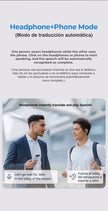 Two people are conversing. One is holding a phone, and the other is wearing the HeadphoneHeat [AI Earphone] Translator Erazer XP6 Bluetooth Earphones with touch control. Text indicates that these AI wireless headphones translate and play Spanish. The screen displays phrases in English and Spanish about waiting for John at the airport lobby.