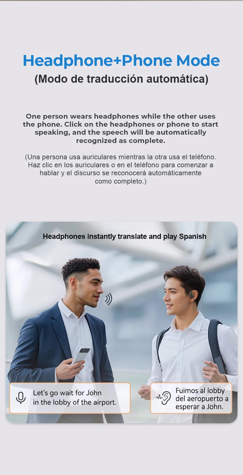 Two people are conversing. One is holding a phone, and the other is wearing the HeadphoneHeat [AI Earphone] Translator Erazer XP6 Bluetooth Earphones with touch control. Text indicates that these AI wireless headphones translate and play Spanish. The screen displays phrases in English and Spanish about waiting for John at the airport lobby.