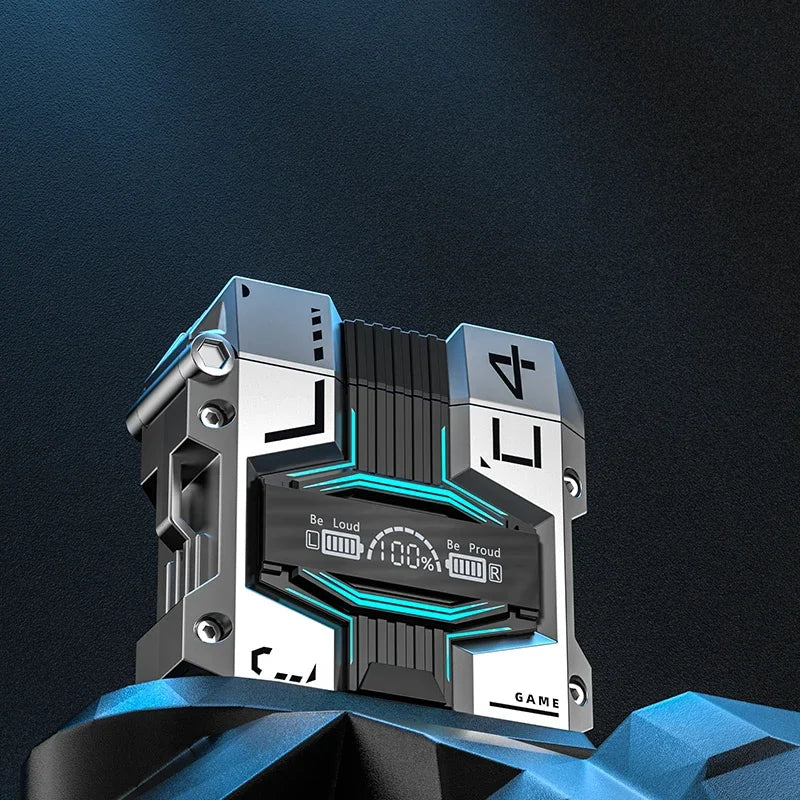 An innovative gadget, the M45 Wireless Bluetooth Headbuds TWS by HeadphoneHeat with sleek metallic and black components, rests on a geometric blue surface. The device, featuring Bluetooth 5.3 Connectivity, is illuminated with blue neon lights. Its central display reads 