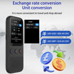 The Dropshipman S80 Language AI Translator Device shows real-time translation and exchange rates, such as 100 USD = 696.44 CNY and 100 GBP = 824.64 CNY, with currency and travel icons displayed in the background.