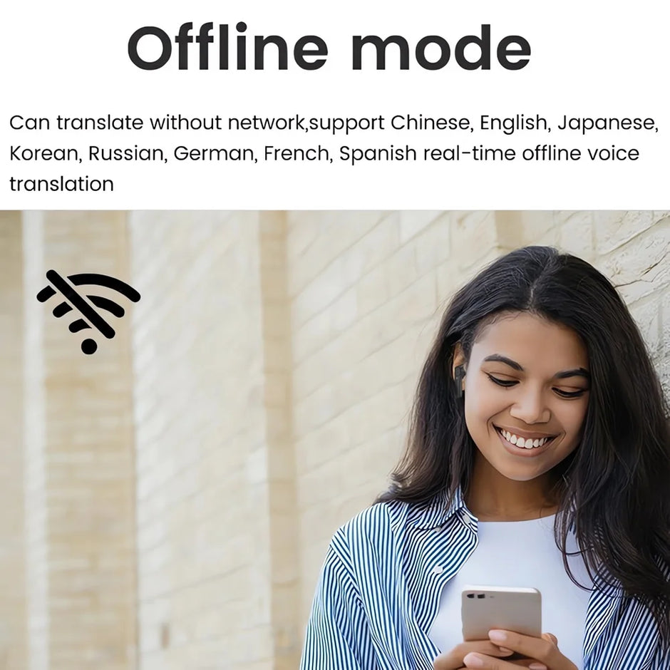 A woman smiles as she looks at her phone, highlighting the Intelligent Translate Earbuds by HeadphoneHeat. These earbuds offer portable real-time AI voice translation with an impressive 98% accuracy. The image emphasizes their capability to support offline translation in 74 languages, including Chinese, English, and Spanish, without requiring a network connection. An offline mode icon is visible.