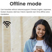 A woman smiles as she looks at her phone, highlighting the Intelligent Translate Earbuds by HeadphoneHeat. These earbuds offer portable real-time AI voice translation with an impressive 98% accuracy. The image emphasizes their capability to support offline translation in 74 languages, including Chinese, English, and Spanish, without requiring a network connection. An offline mode icon is visible.