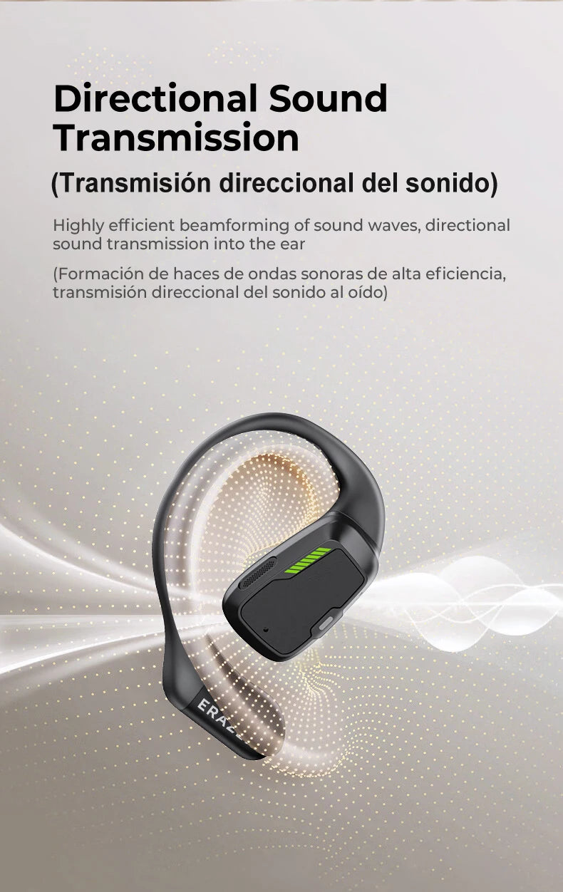 A stylish black AI Earphone, the Translator Erazer XP6 by HeadphoneHeat, features green accents and is showcased against a vibrant backdrop of swirling light waves. Text highlights 