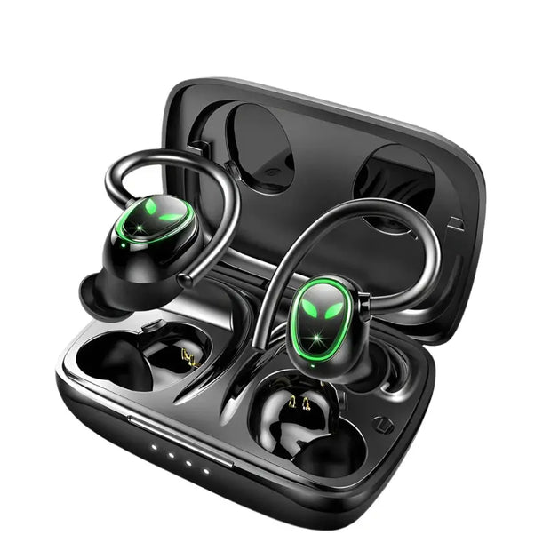 HeadphoneHeat UFO Wireless Earbuds with ANC (BT 5.1, waterproof, built-in mic) in black feature green LED lights and ear hooks. Shown in an open charging case with four front LEDs on a white background—ideal for UFO Halloween Earbuds fans.