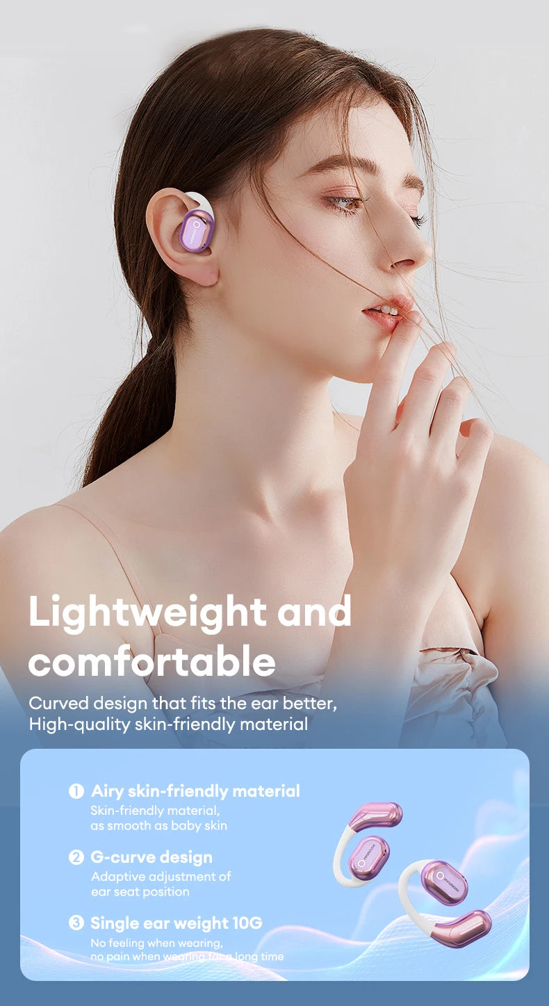 A person wearing the HeadphoneHeat choice HYUNDAI HY-Y16 AI translator OWS Wireless Bluetooth v5.4 Earphones, designed with lightweight, skin-friendly G-curve features for an optimal fit. The image emphasizes their airy material and a single ear weight of 10g, highlighting the comfort and style of these high-quality HIFI stereo gaming and music headphones.