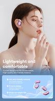 A person wearing the HeadphoneHeat choice HYUNDAI HY-Y16 AI translator OWS Wireless Bluetooth v5.4 Earphones, designed with lightweight, skin-friendly G-curve features for an optimal fit. The image emphasizes their airy material and a single ear weight of 10g, highlighting the comfort and style of these high-quality HIFI stereo gaming and music headphones.