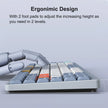 A robotic hand types on a HeadphoneHeat Wireless Mechanical Keyboard, showcasing its ergonomic design and Bluetooth wireless feature. The keyboard, with grey, white, and orange keys, includes adjustable foot pads for two-level height customization and utilizes OUTEMU switches for a responsive typing experience.
