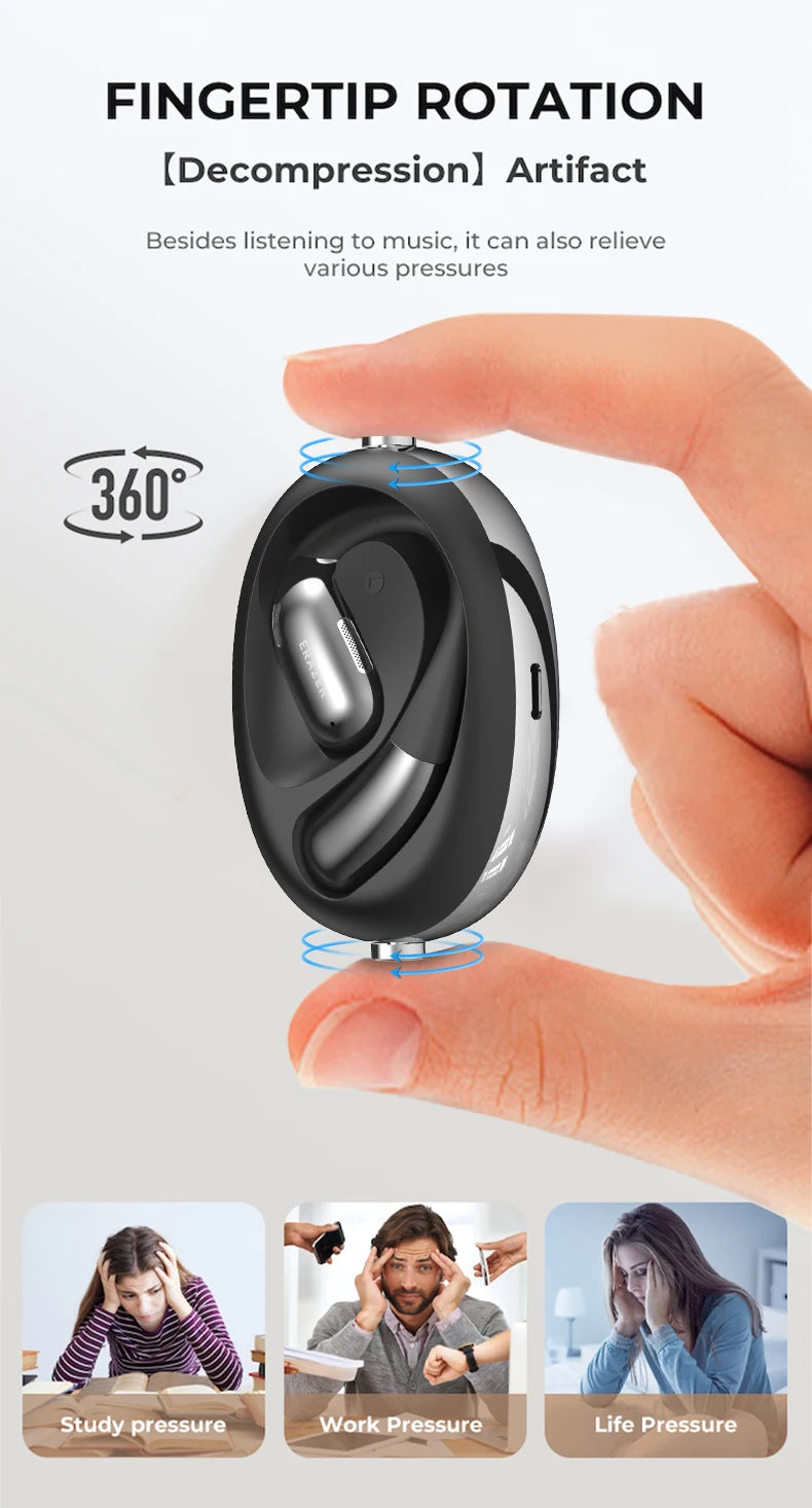 A person holds a black, circular fingertip rotation accessory between their thumb and finger, showcasing its ability to rotate 360 degrees. Below, images depict individuals using the HeadphoneHeat [AI Translator Earphone] ERAZER XF31 Bluetooth Translation Earbuds while managing study, work, and life pressures. The accompanying text emphasizes the decompression benefits of these noise-cancelling earbuds.