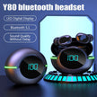 A promotional image for the HeadphoneHeat Y80 Wireless Bluetooth Earbuds showcases the earbuds in a futuristic, spherical charging case with an LED display indicating 