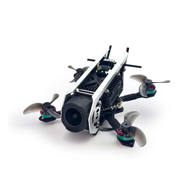 A close-up of the DSer YMZFPV DJI Eagle2 HD O4 Pro, a small 3S FPV drone with four propellers, a black and white frame, and a front-facing 4K camera, displayed on a white background.