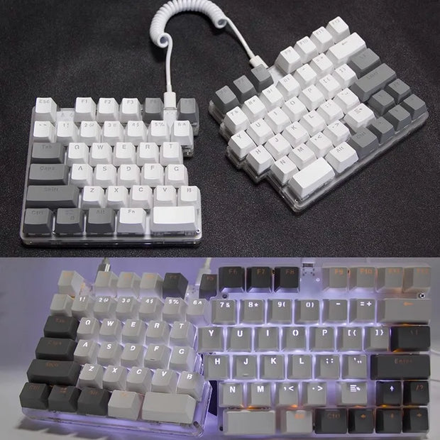 The DEBROGLIE LT78 Split Creative Mechanical Keyboard by HeadphoneHeat showcases an ergonomic design with white and gray keys on a dark base. The top half of the image displays it unlit, while the bottom shows white backlighting highlighting the Kailh switches, connected by a coiled USB cable.