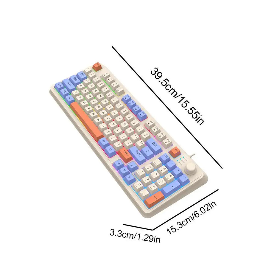 Introducing the K82 Mechanical Gaming Keyboard by HeadphoneHeat, a wired keyboard with a retro design featuring multi-colored keys in white, blue, orange, and gray. Measuring 39.5cm x 15.3cm x 3.3cm, it comes equipped with a USB interface and a convenient round knob on the top right corner for easy adjustments.