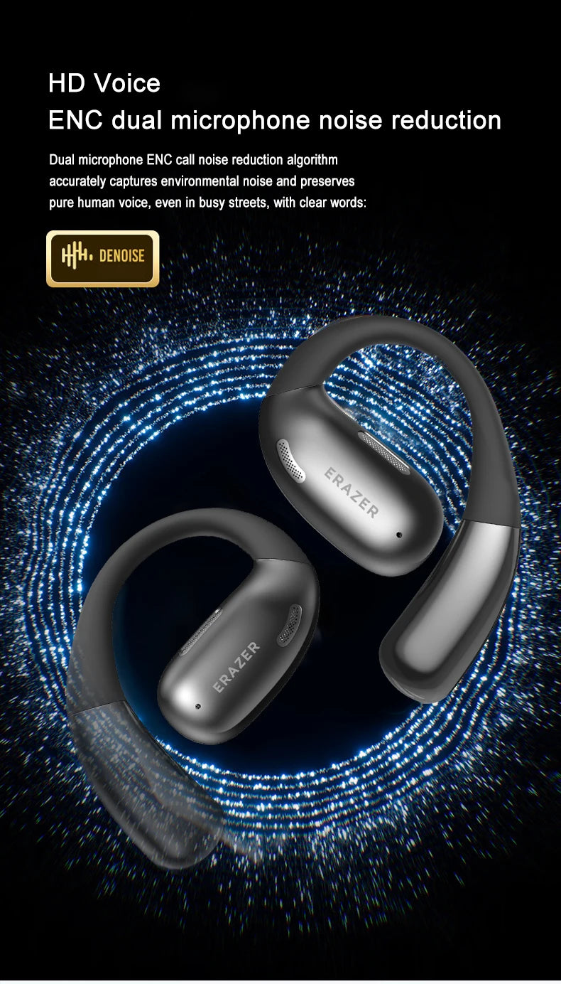 The ERAZER XF31 Bluetooth Translation Earbuds by HeadphoneHeat, showcased against a dynamic digital backdrop, feature HD voice and ENC dual microphone technology to ensure clear sound even in noisy environments. These modern wireless headphones come in white and black with noise reduction capabilities and include silicone earcups for enhanced comfort.