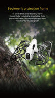 The HeadphoneHeat SpeedyBee Mario Mini25 PW RC Quadcopter, with detachable flight protection frames and 1080p FHD video, flies near a tree trunk in a forest, blurred leaves surrounding it.