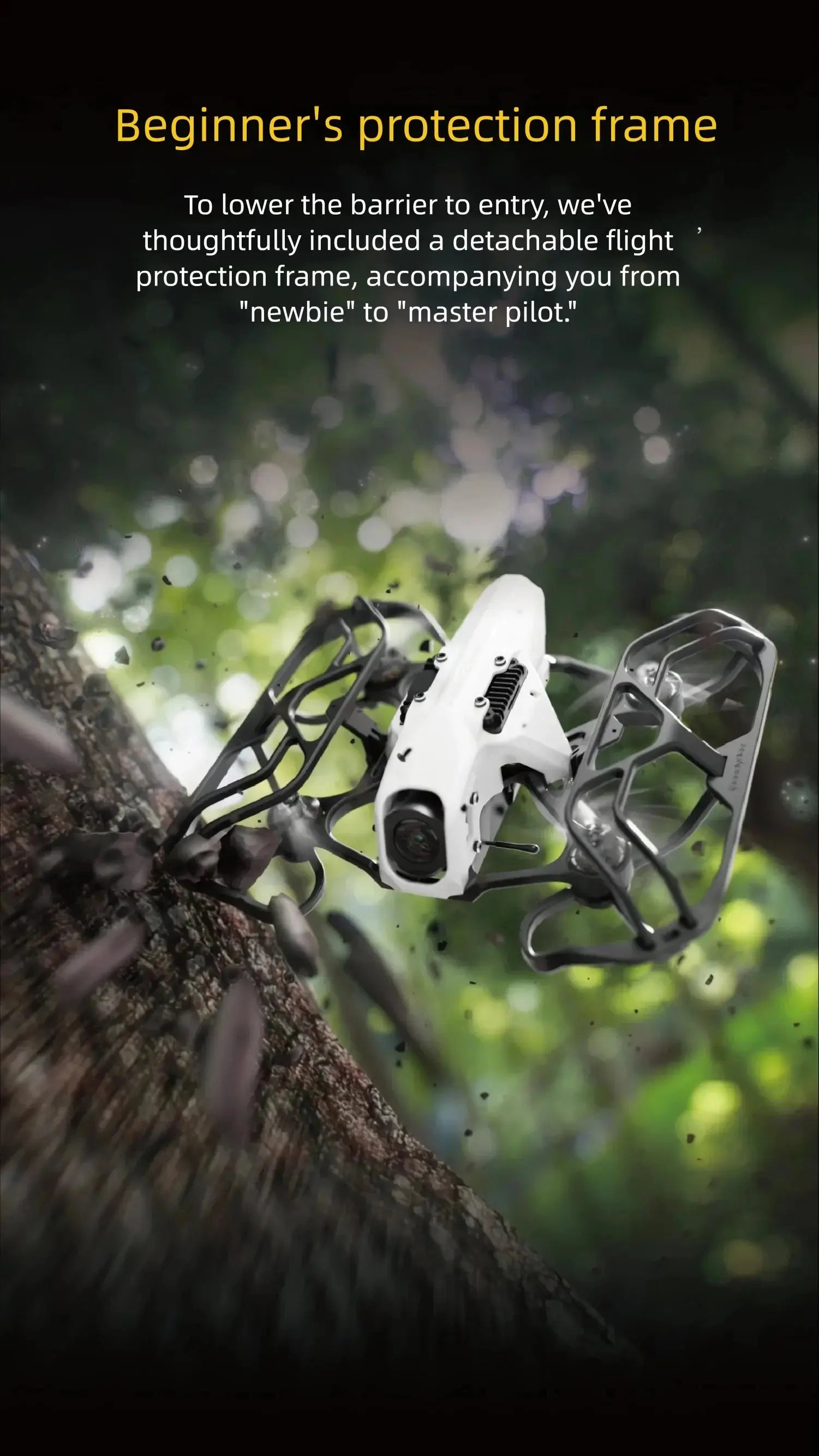 The HeadphoneHeat SpeedyBee Mario Mini25 PW RC Quadcopter, with detachable flight protection frames and 1080p FHD video, flies near a tree trunk in a forest, blurred leaves surrounding it.
