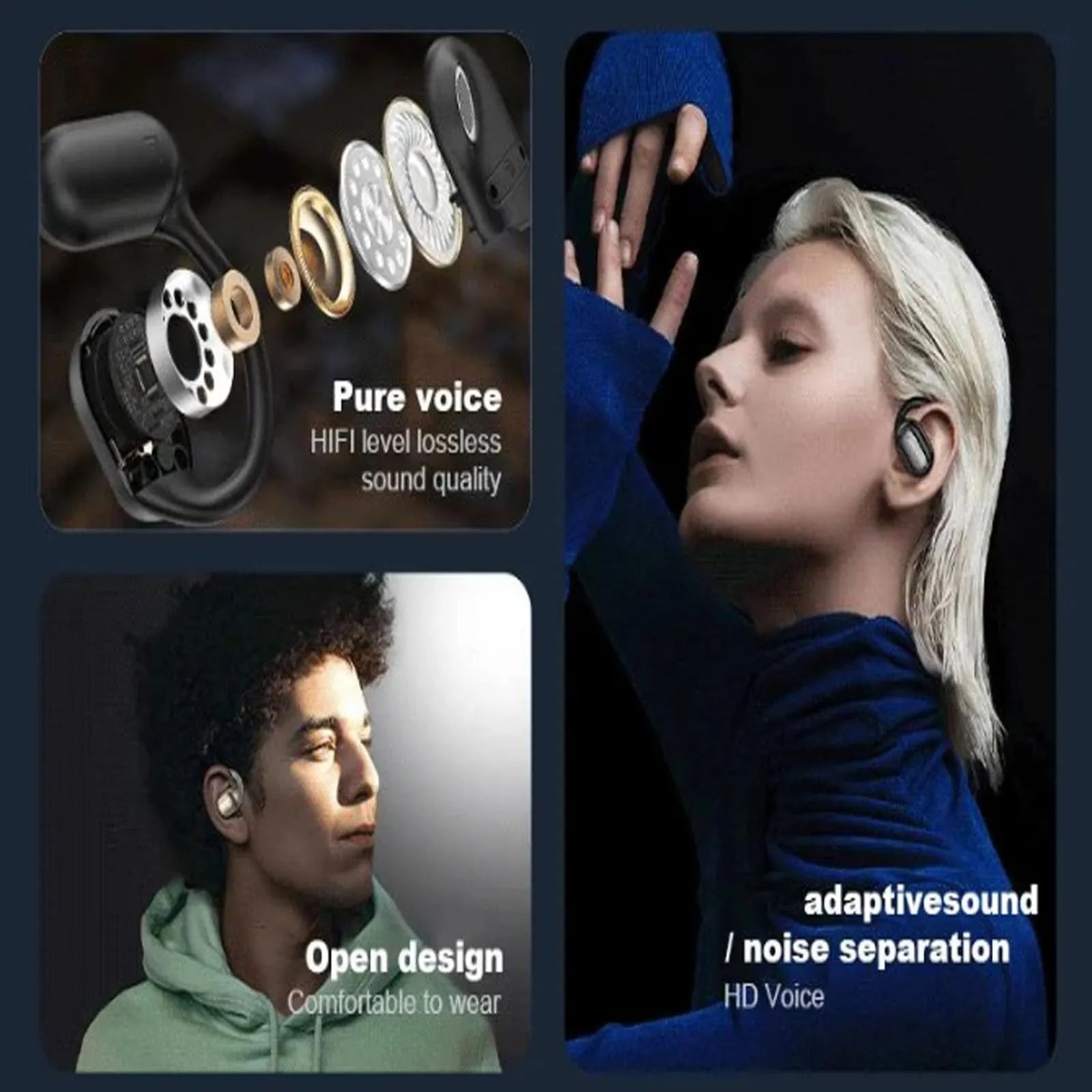 A collage shows close-ups of XP2 Large Over The Ear Earbuds by Dropshipman, a woman enjoying adaptive sound with noise separation via Bluetooth 5.4, and a person with curly hair wearing the open-design earbuds.