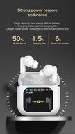 Promotional graphic for HeadphoneHeat's LED Touch Screen Newmsnr Bluetooth 5.4 Earbuds. The earbuds come with a case featuring a built-in LED display that shows battery levels. Above the image, the text reads: 