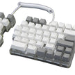 The DEBROGLIE LT78 Split Creative Mechanical Keyboard by HeadphoneHeat features an ergonomic design with a coiled cable linking the two sections. It showcases white and gray keys, and Kailh switches can be seen beneath the transparent base, revealing internal components.