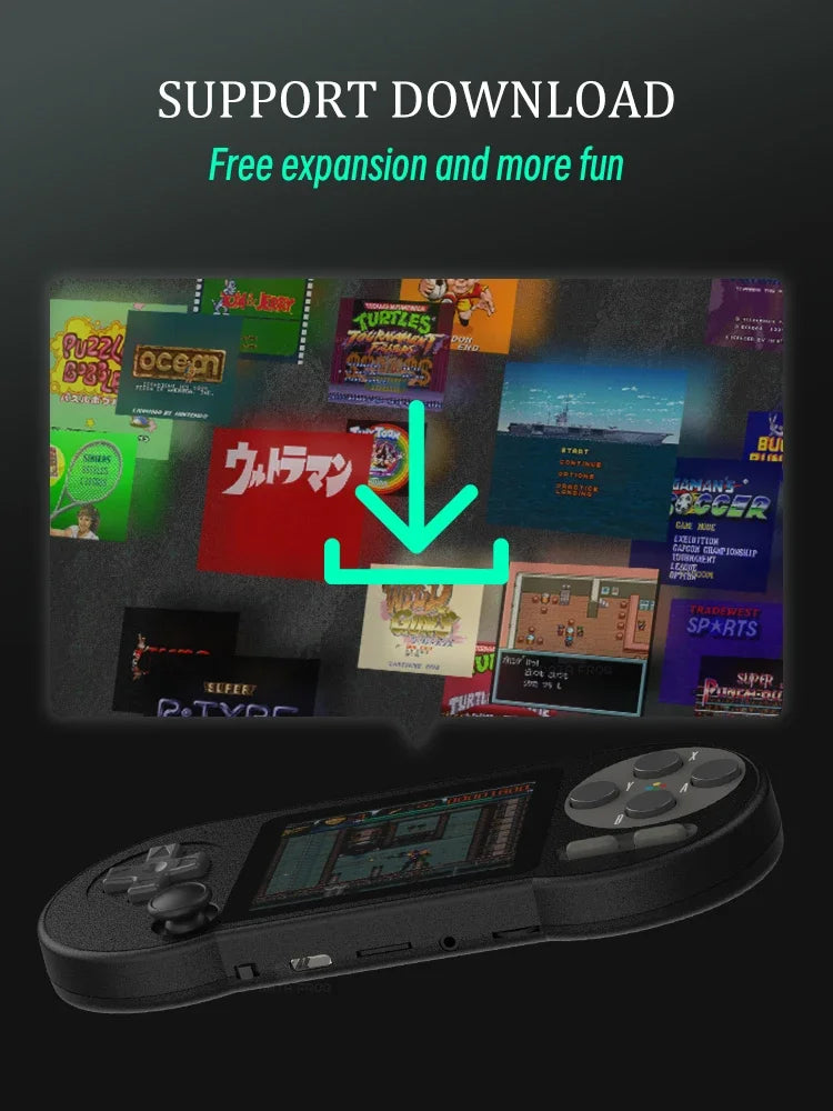 An image showcasing a DATA FROG SF2000 Black Handheld Game Console with six buttons and a directional pad. Behind it, various retro game covers are displayed. Above the console, the text reads: 