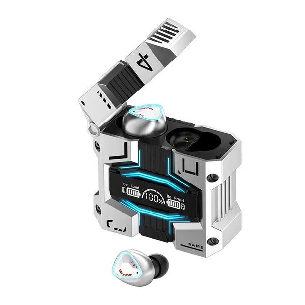 Sleek silver and black M45 LUNSHENG Wireless Bluetooth Earbuds by HeadphoneHeat with blue LED lights, Bluetooth 5.3, noise-cancellation, and an open high-tech charging case featuring illuminated battery indicators and metallic accents.