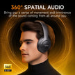 A person wearing the sleek black Picun 05MAX Headphones Bluetooth 5.4 Wireless Bluetooth Headset by HeadphoneHeat is depicted against a digital orange and black background. The text reads 