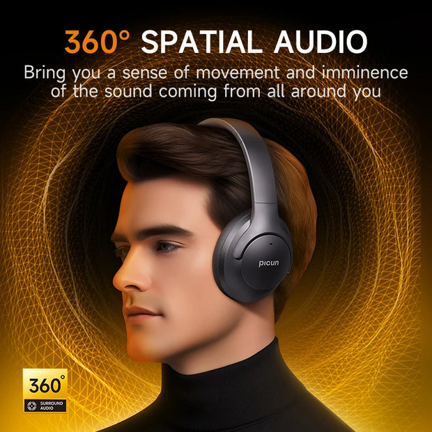 A person wearing the sleek black Picun 05MAX Headphones Bluetooth 5.4 Wireless Bluetooth Headset by HeadphoneHeat is depicted against a digital orange and black background. The text reads "360° Spatial Audio" and "Active Noise-Cancellation to bring you a sense of movement and immediacy of the sound coming from all around you.