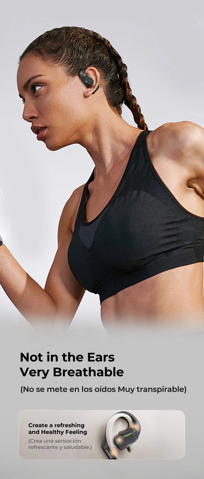 A woman in athletic wear with braided hair is wearing HeadphoneHeat's Translator Erazer XP6, waterproof Bluetooth earphones. The text on the image reads: "Not in the Ears Very Breathable" and "Create a Refreshing and Healthy Feeling." The earphones are displayed in a close-up.