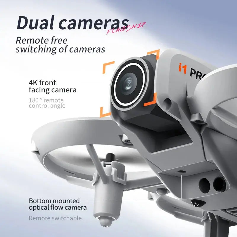 Close-up of the DSer I1 PRO Drone 4K Professional HD Aerial Photography, showing its dual cameras: a 4K front-facing camera with 180° remote control and a bottom optical flow camera, featuring WiFi connectivity and easy remote switching.