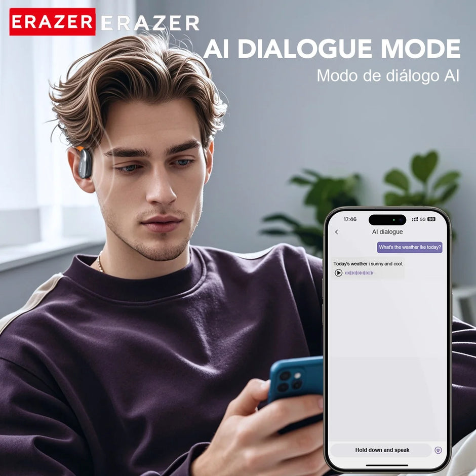 A person with a hearing device uses a smartphone in AI dialogue mode to discuss the weather. The screen displays "AI Dialogue Mode" and "Modo de diálogo AI." Nearby, their HeadphoneHeat ERAZER XF31 Bluetooth Translation Earbuds are ready to provide seamless, immersive sound.