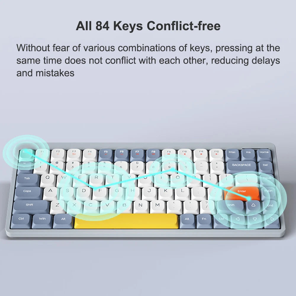 The HeadphoneHeat Wireless Mechanical Keyboard, featuring 84 keys, boasts conflict-free key pressing to minimize delays and errors during simultaneous key combinations. Equipped with OUTEMU Switches, it ensures precision and responsiveness for a seamless typing experience.