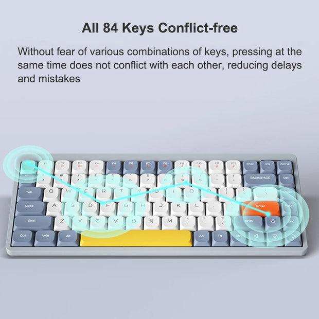 The HeadphoneHeat Wireless Mechanical Keyboard, featuring 84 keys, boasts conflict-free key pressing to minimize delays and errors during simultaneous key combinations. Equipped with OUTEMU Switches, it ensures precision and responsiveness for a seamless typing experience.