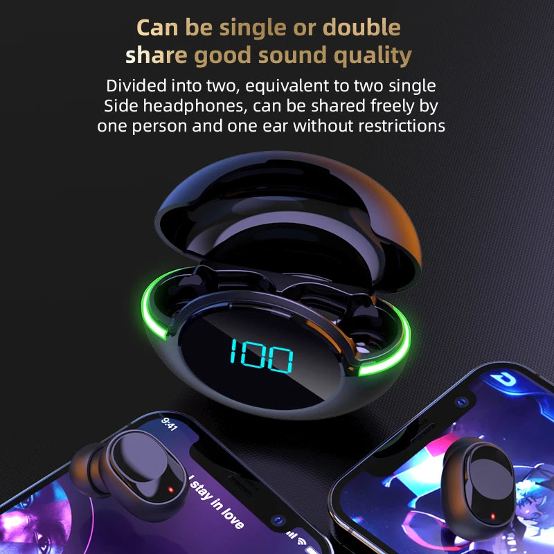 A black Y80 Wireless Bluetooth Earbud case by HeadphoneHeat, featuring a digital display showing 