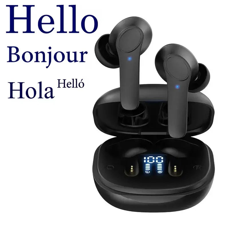 With the Intelligent Translate Earbuds from HeadphoneHeat, featuring a sleek black design and housed in an open charging case with a digital display, experience real-time AI voice translation across 144 languages. The words "Hello," "Bonjour," "Hola," and "Helló" appear in different fonts on the left side, emphasizing its multilingual capabilities.