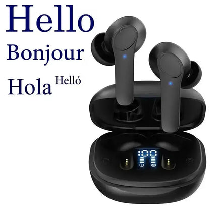 With the Intelligent Translate Earbuds from HeadphoneHeat, featuring a sleek black design and housed in an open charging case with a digital display, experience real-time AI voice translation across 144 languages. The words "Hello," "Bonjour," "Hola," and "Helló" appear in different fonts on the left side, emphasizing its multilingual capabilities.