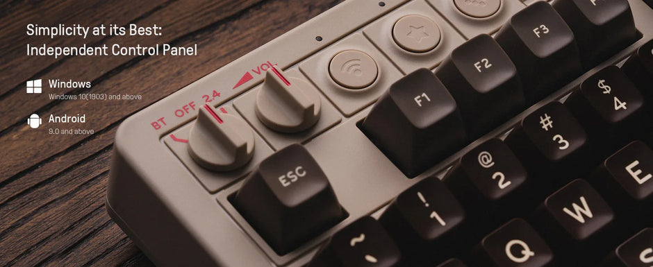 The HeadphoneHeat 8BitDo Retro Mechanical Keyboard features a detailed view of its independent control panel, emphasizing the volume and Bluetooth toggle knobs, as well as function keys. The text confirms its compatibility with PCs running Windows 10 (1903+) and Android devices with version 9.0 or higher, providing a smooth leverless controller experience.