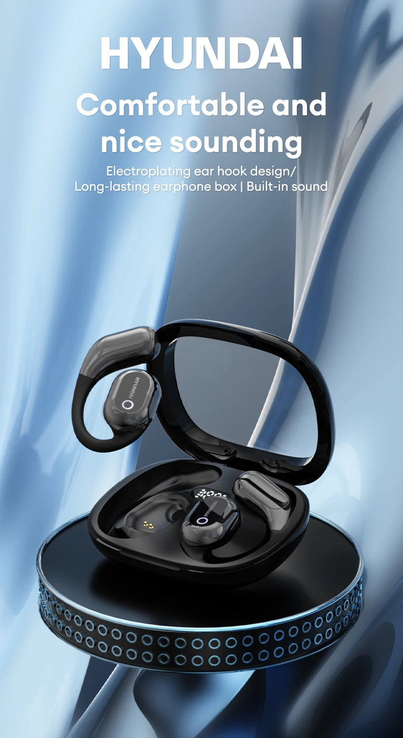 The sophisticated black choice HYUNDAI HY-Y16 earphones by HeadphoneHeat showcase an electroplating ear hook design on a sleek, glossy round surface. The accompanying text emphasizes their comfortable fit, durable earphone box, and built-in audio features. The background boasts a streamlined metallic blue wave design that highlights their Wireless Bluetooth v5.4 capability for high-quality HIFI stereo gaming and music experience.
