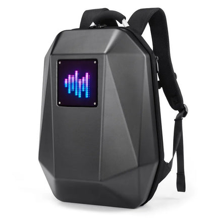 The CFUN YA Backpack by HeadphoneHeat is a black, angular PVC hard-shell backpack with a built-in LED display showing a colorful animated equalizer. It features padded shoulder straps and a sleek, geometric design.