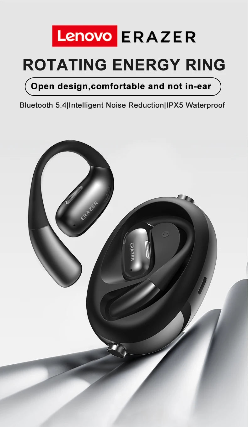 Image of the HeadphoneHeat ERAZER XF31 AI Translator Earphones featuring their unique rotating energy ring design. The product description emphasizes features including an open-back design for comfort, Bluetooth 5.4 connectivity, intelligent noise reduction, no in-ear fit, and an IPX5 waterproof rating.