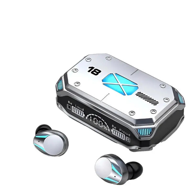 The HKEN Bluetooth Earbuds -TWS by HeadphoneHeat feature a metallic charging case with blue LED lights, a digital display showing the number 18, and Bluetooth 5.2 for seamless connectivity. The earbuds sit in front of the case.
